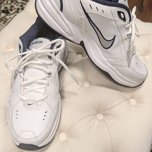 Nike Air Monarch White and Blue Athletic Training Shoes